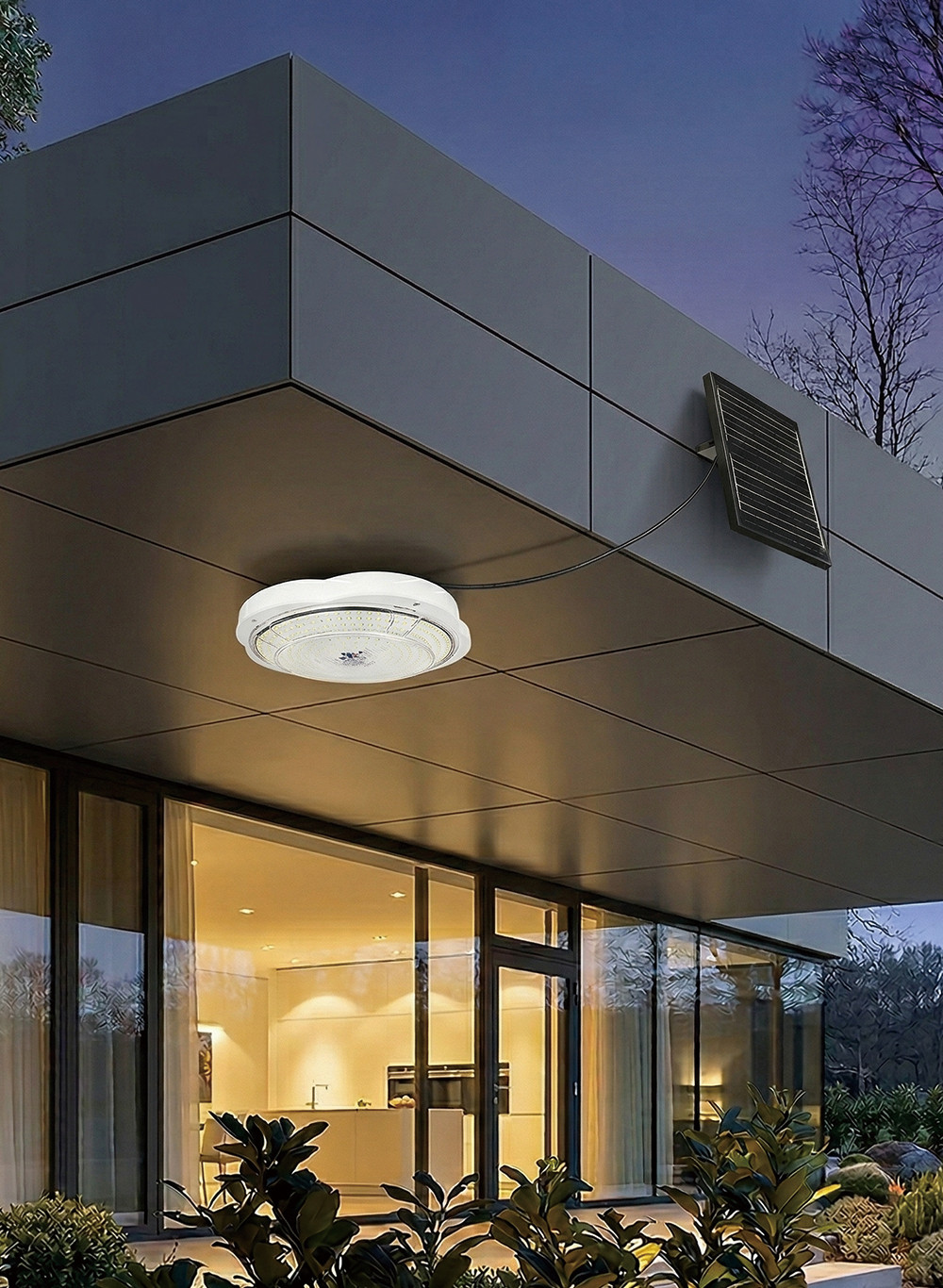 Modern solar ceiling light installed indoors with an external solar panel mounted on the wall, providing bright eco-friendly illumination for a home porch.