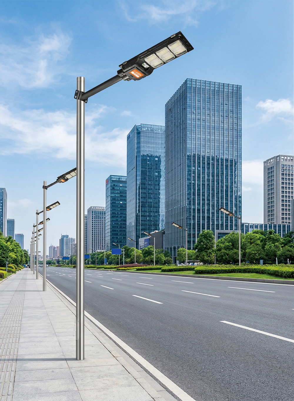 Compact low-wattage solar street lights installed along a modern city sidewalk, offering elegant and energy-efficient urban illumination.