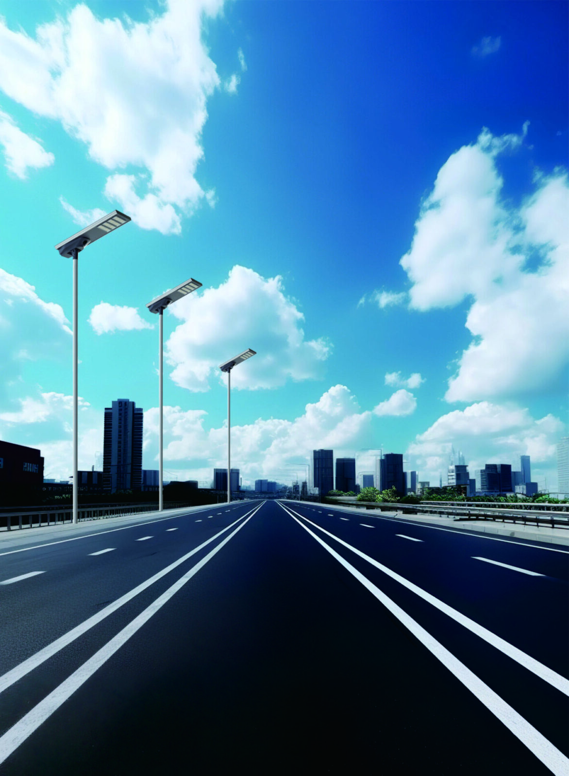 Premium integrated solar street lights installed on a modern city highway, featured in the product category menu.
