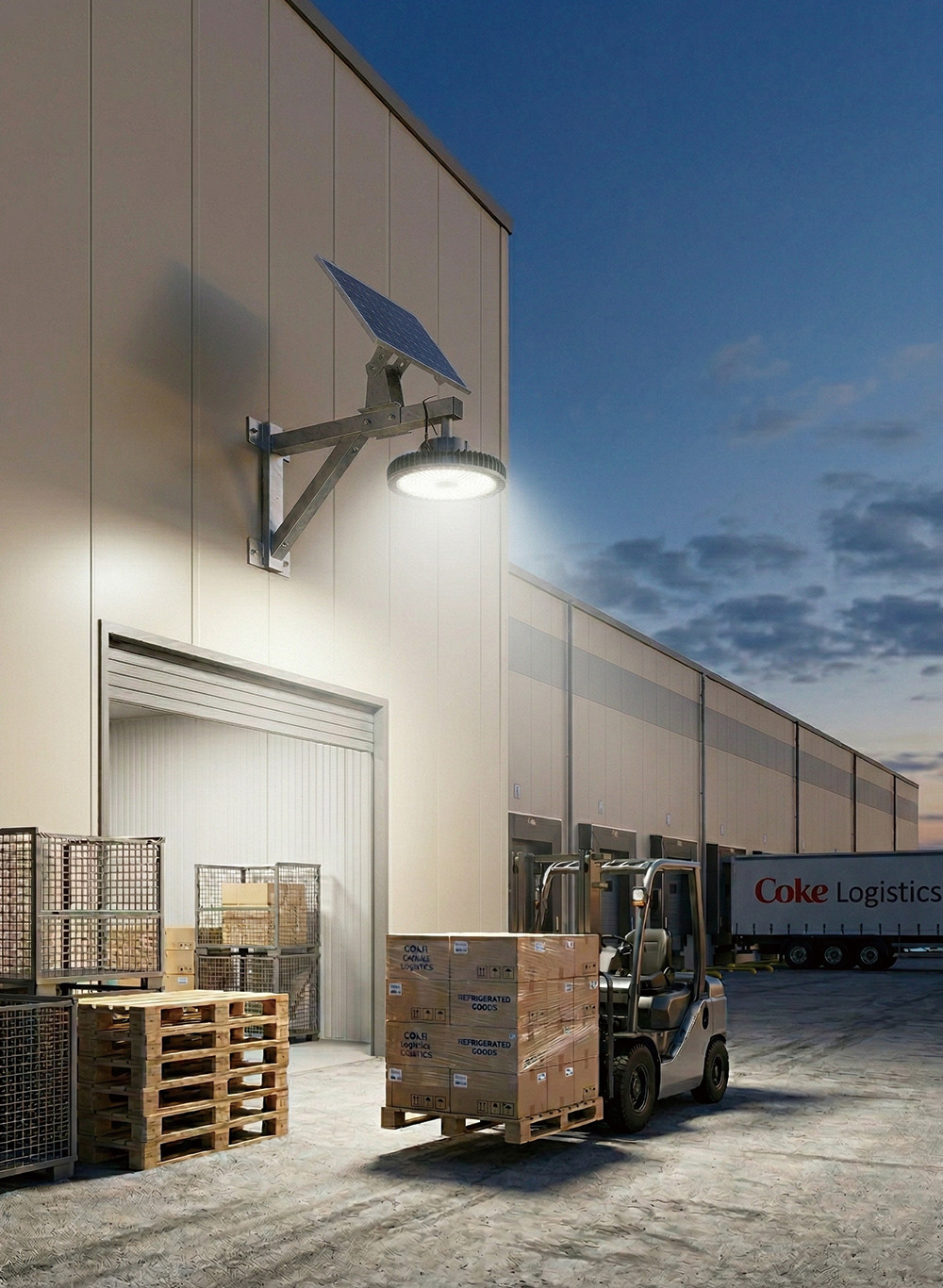 Wall-mounted solar UFO high bay light (Model MD-UFO88-D) providing intense illumination for a warehouse loading dock and forklift operations.