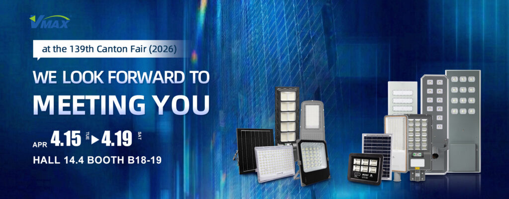 VMAX official banner for the 139th Spring Canton Fair, showcasing a wide range of solar street lights and LED flood lights at Booth B18-19.
