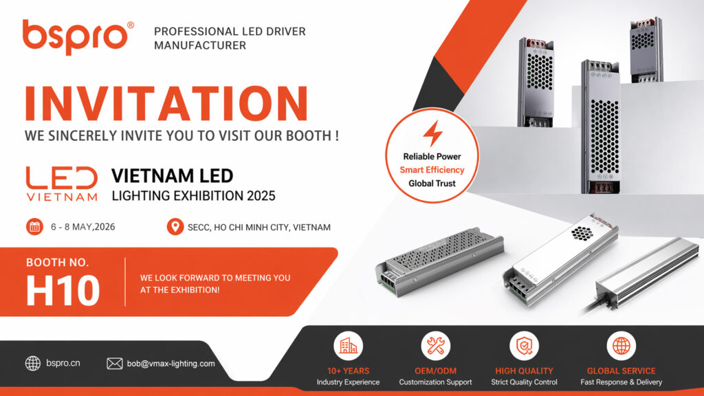 BSPRO official invitation to the Vietnam LED Lighting Exhibition at SECC Ho Chi Minh City, showcasing professional industrial LED driver solutions at Booth H10.