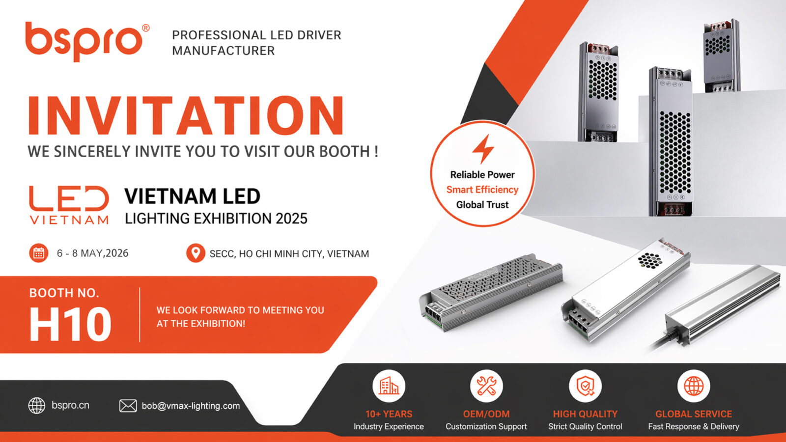 BSPRO official invitation to the Vietnam LED Lighting Exhibition at SECC Ho Chi Minh City, showcasing professional industrial LED driver solutions at Booth H10.